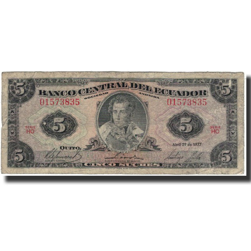 Banknote, Ecuador, 5 Sucres, 1977-04-29, KM:108a, VG(8-10)