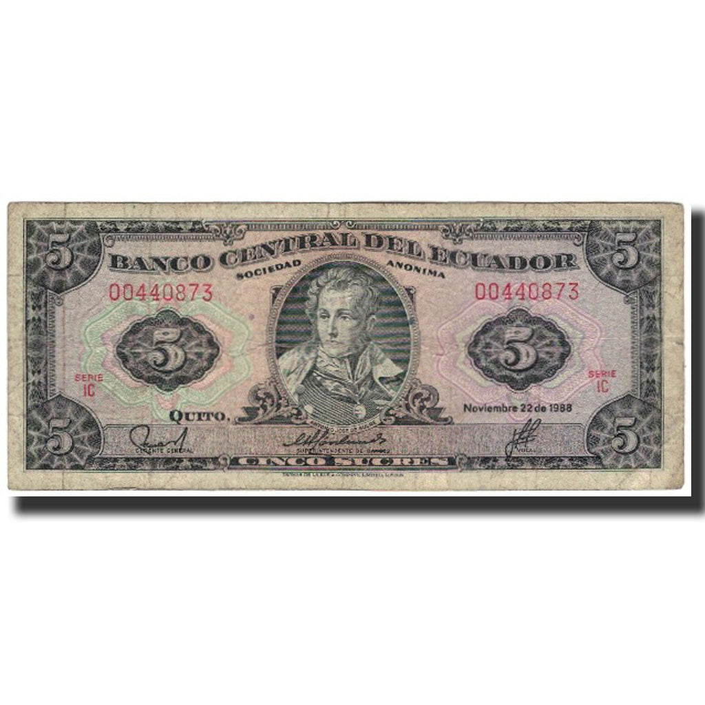Banknote, Ecuador, 5 Sucres, 1988-11-22, KM:113d, VG(8-10)