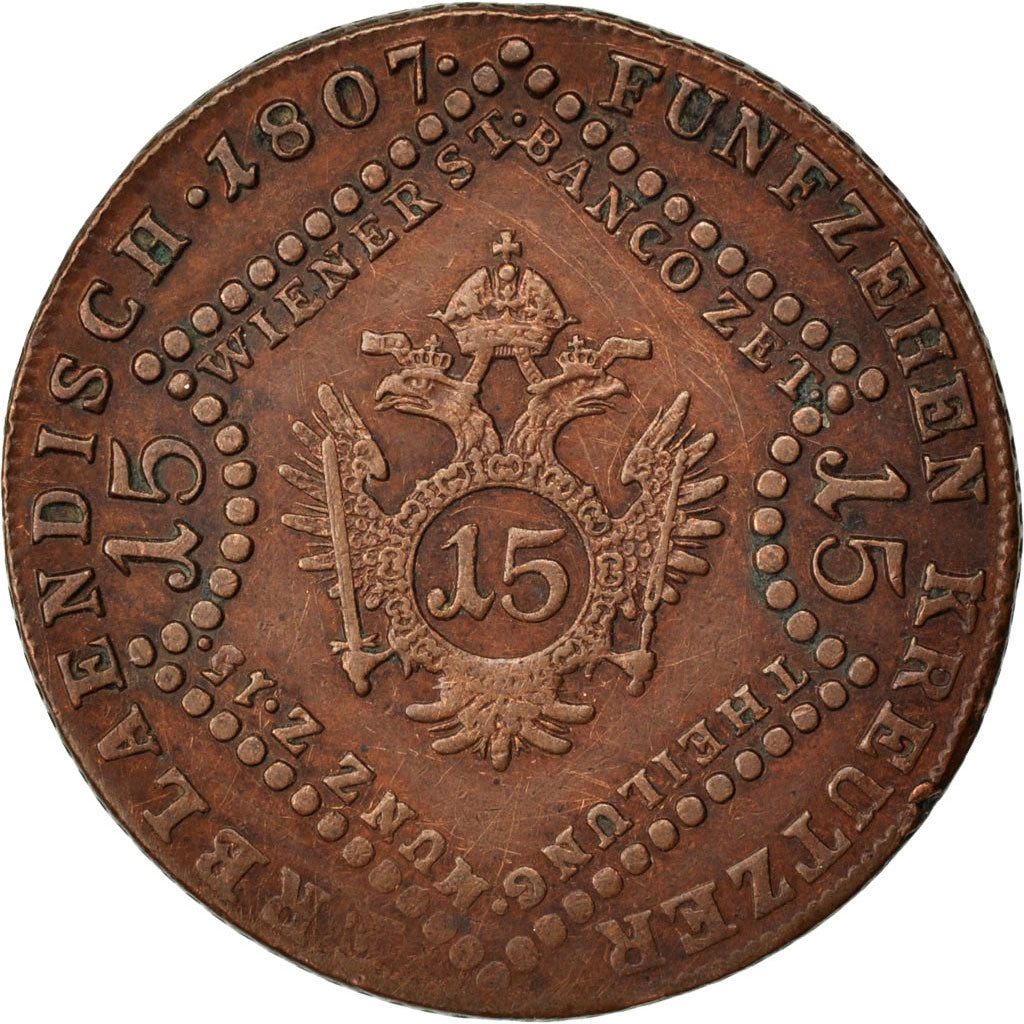 AUSTRIA, 15 Kreuzer, 1807, Vienne, KM #2138, EF(40-45), Copper, 35.12, 12.88