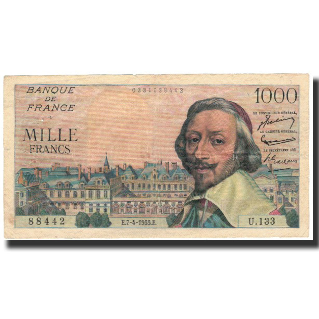 France, 1000 Francs, 1 000 F 1953-1957 ''Richelieu'', 1955-04-07, VF(20-25)