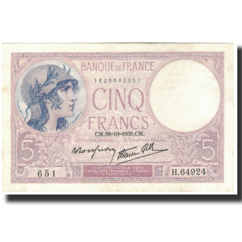 France, 5 Francs, 5 F 1917-1940 ''Violet'', 1939-10-26, UNC(63), Fayette:4.13