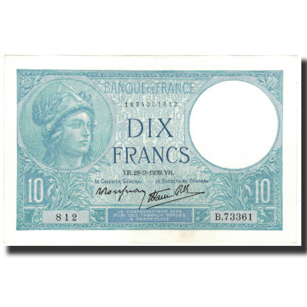 Francia, 10 Francs, 10 F 1916-1942 ''Minerve'', 1939-09-28, FDS, Fayette:7.9