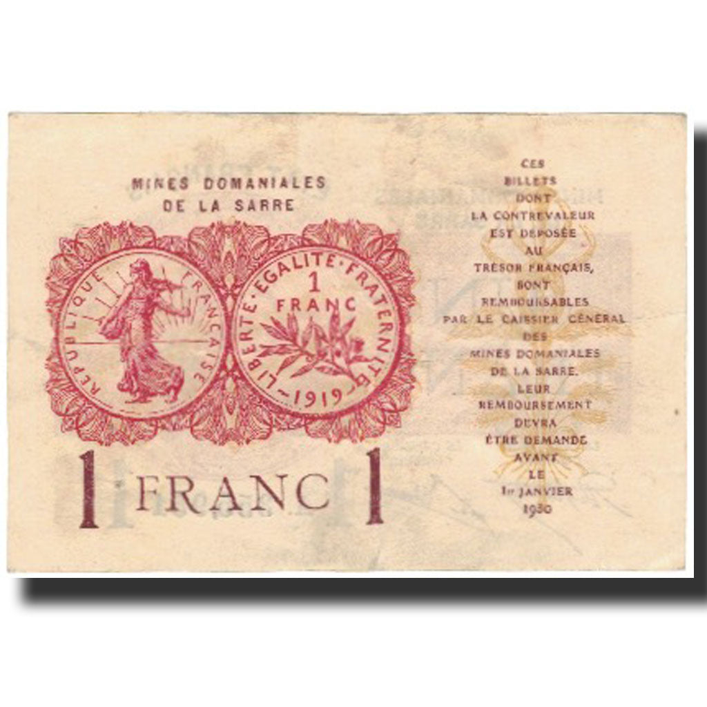 France, 1 Franc, 1919, Mine Domaniale de La Sarre, EF(40-45), Fayette:VF51.1