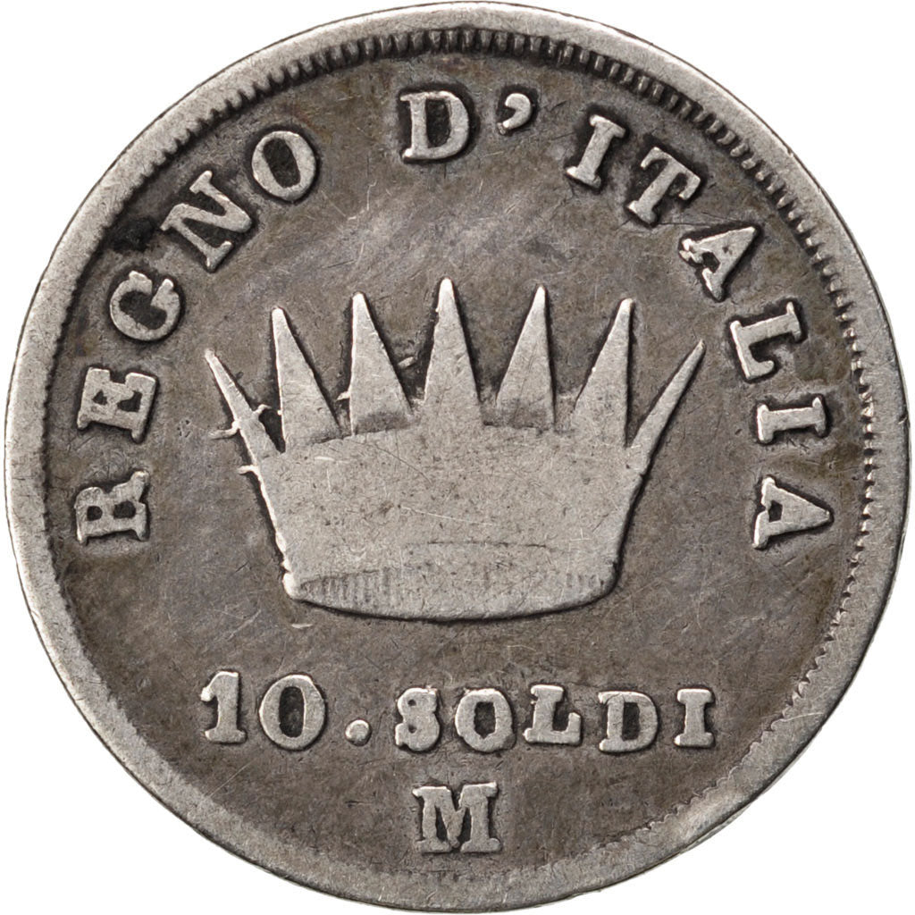 ITALIAN STATES, 10 Soldi, 1812, Milan, KM #6.1, VF(20-25), Silver, 2.34