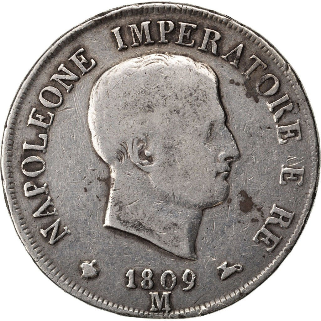 ITALIAN STATES, 5 Lire, 1809, Milan, KM #10.1, VF(20-25), Silver, 24.56
