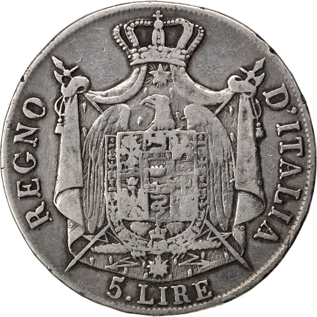 ITALIAN STATES, 5 Lire, 1809, Milan, KM #10.1, VF(20-25), Silver, 24.56