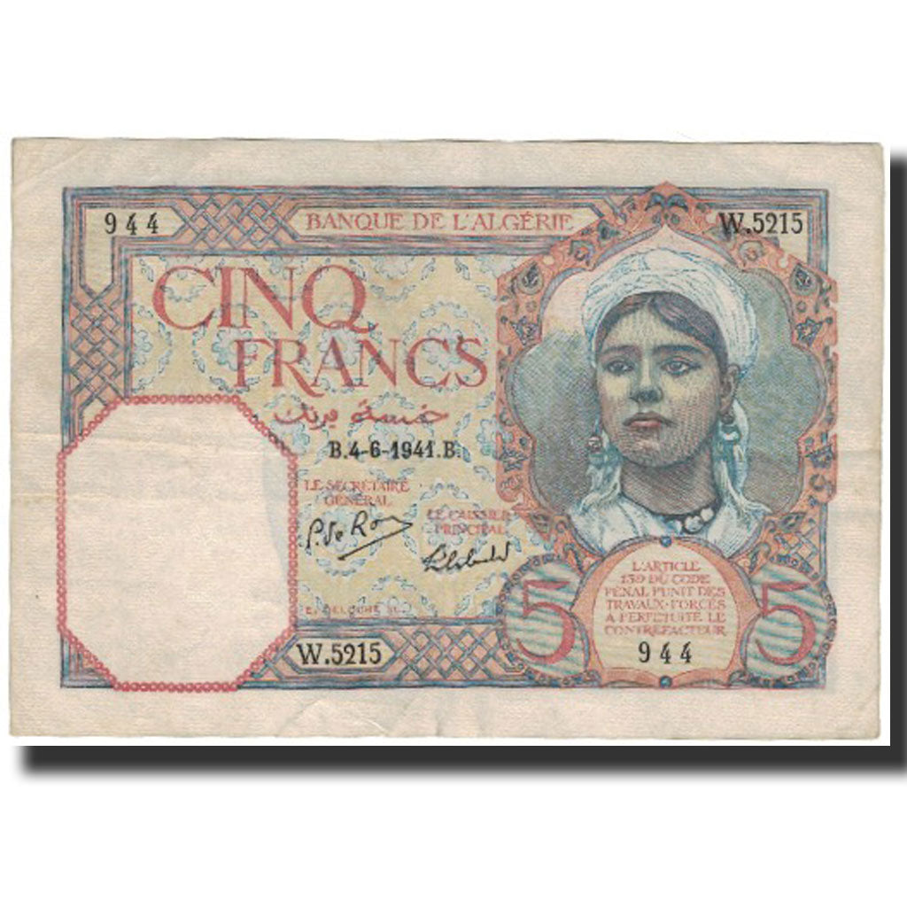 Geldschein, Algeria, 5 Francs, 1941-06-04, KM:77b, SS+