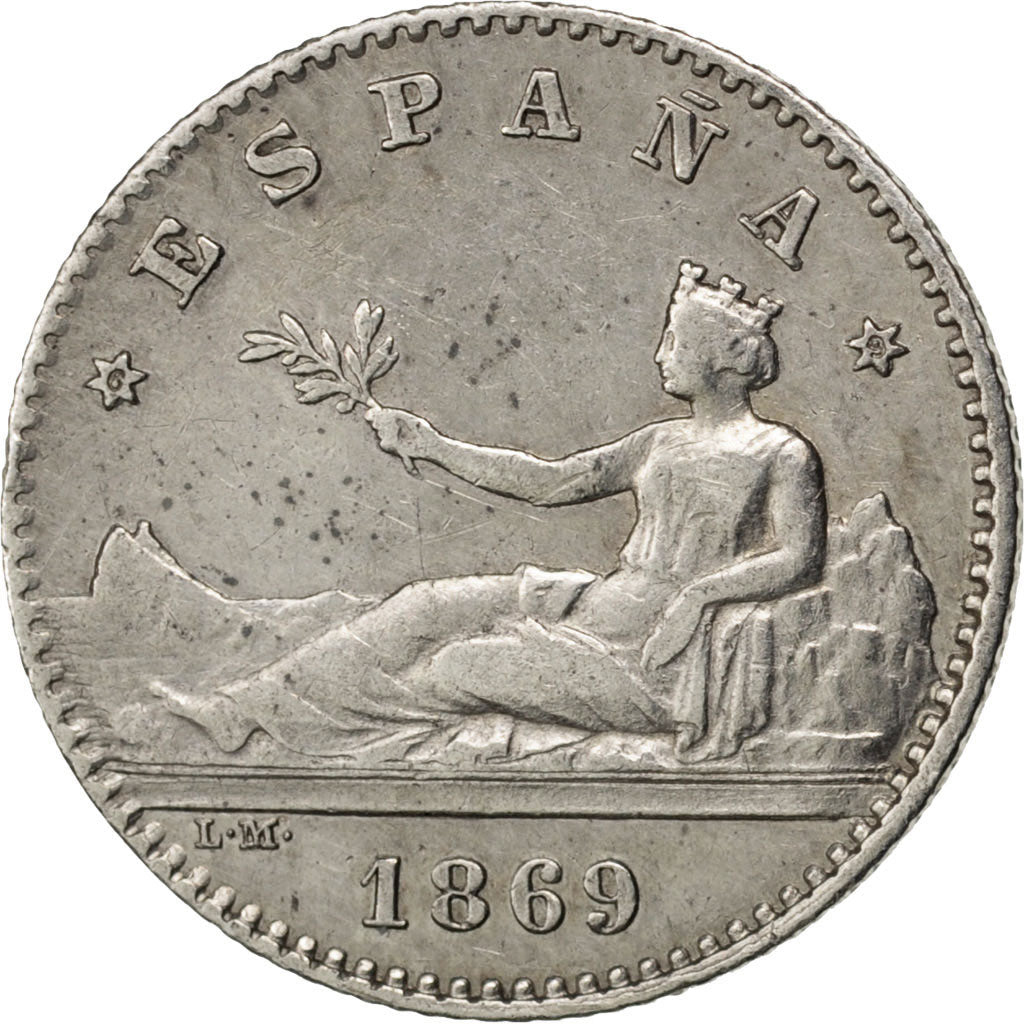 SPAIN, 50 Centimos, 1869, Madrid, KM #651, AU(50-53), Silver, 2.47