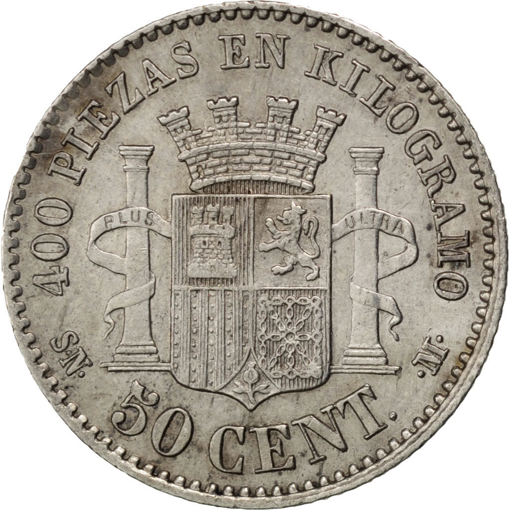SPAIN, 50 Centimos, 1869, Madrid, KM #651, AU(50-53), Silver, 2.47