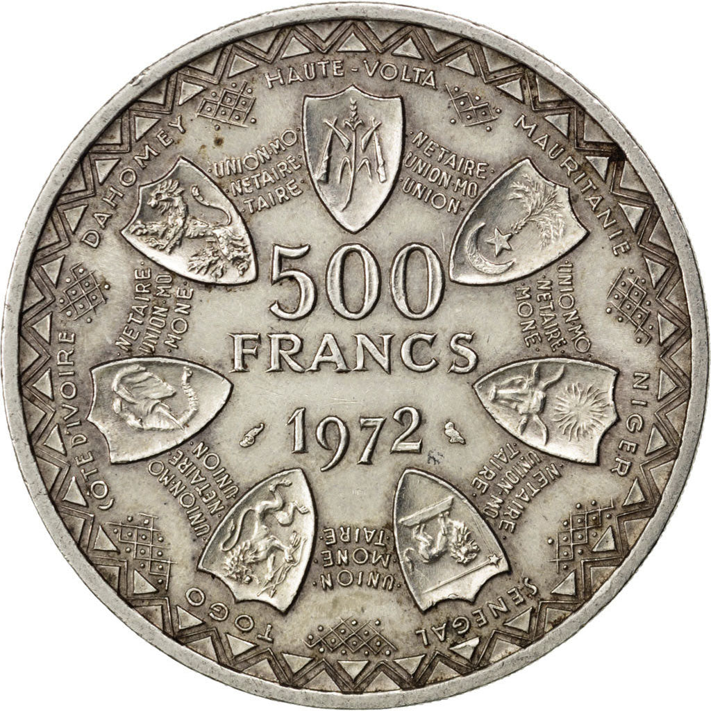 WEST AFRICAN STATES, 500 Francs, 1972, KM #7, AU(55-58), Silver, 37, 24.95