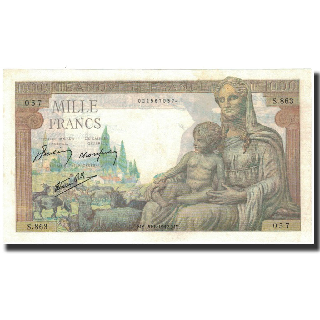 Francja, 1000 Francs, Déesse Déméter, 1942-06-20, UNC(63), Fayette:40.3