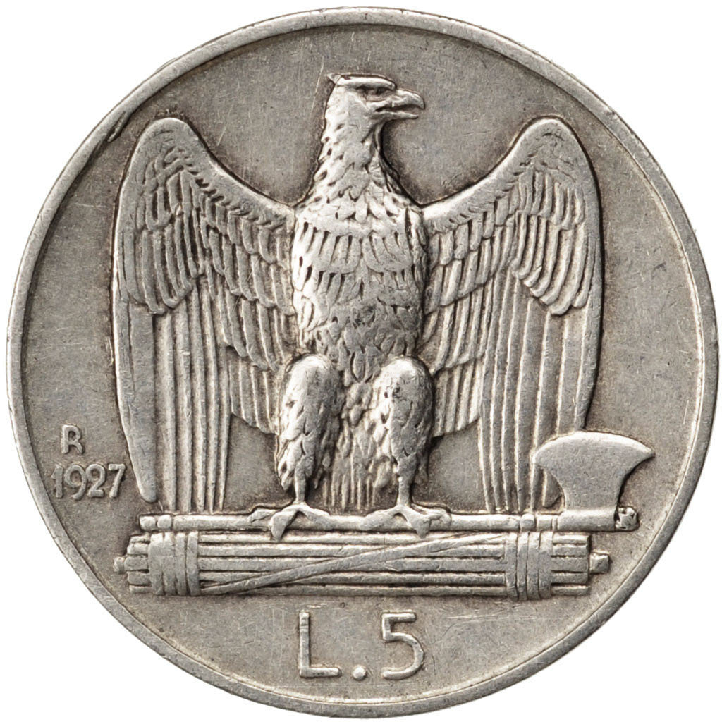 ITALY, 5 Lire, 1927, Rome, KM #67.2, AU(50-53), Silver, 23, 4.96