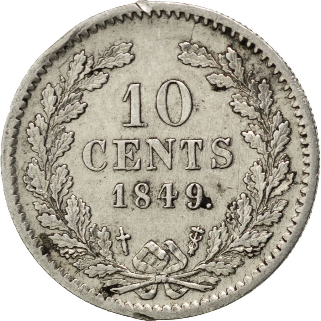 NETHERLANDS, 10 Cents, 1849, KM #75, AU(50-53), Silver, 15, 1.39