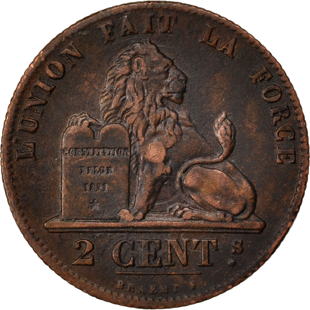 BELGIUM, 2 Centimes, 1844, KM #4.2, EF(40-45), Copper, 4.05