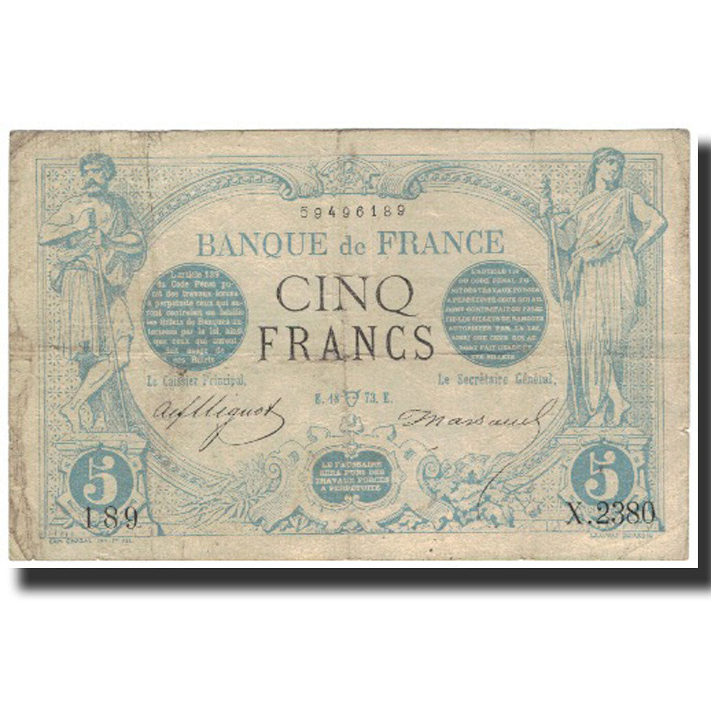 France, 5 Francs, 5 F 1871-1874 ''Noir'', 1873, VF(20-25), Fayette:VF 1.17