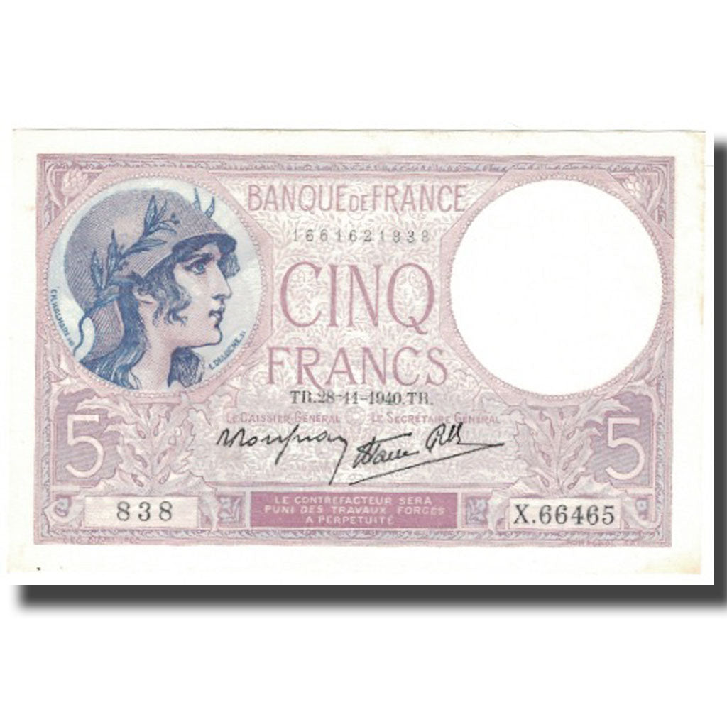France, 5 Francs, 5 F 1917-1940 ''Violet'', 1940-11-28, NEUF, Fayette:4.15