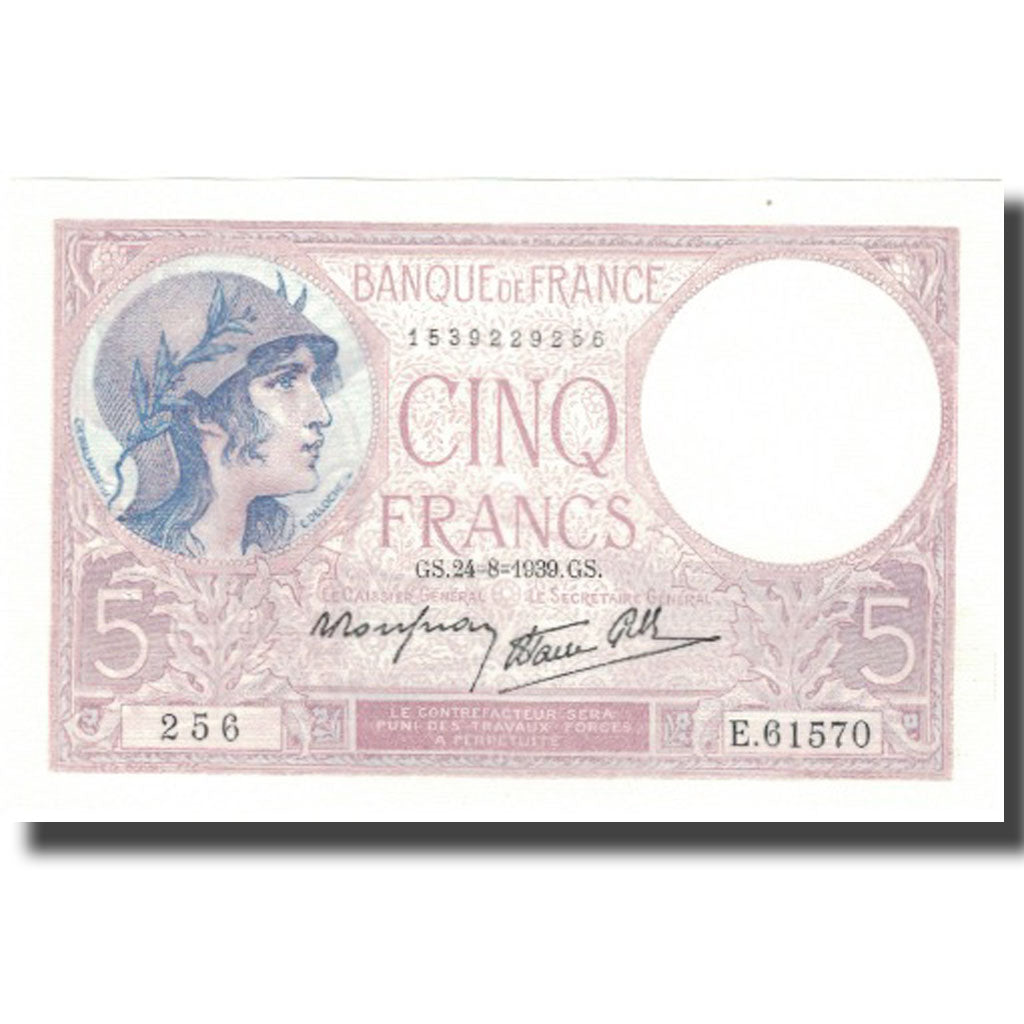 France, 5 Francs, 5 F 1917-1940 ''Violet'', 1939-08-24, UNC(65-70), Fayette:4.7
