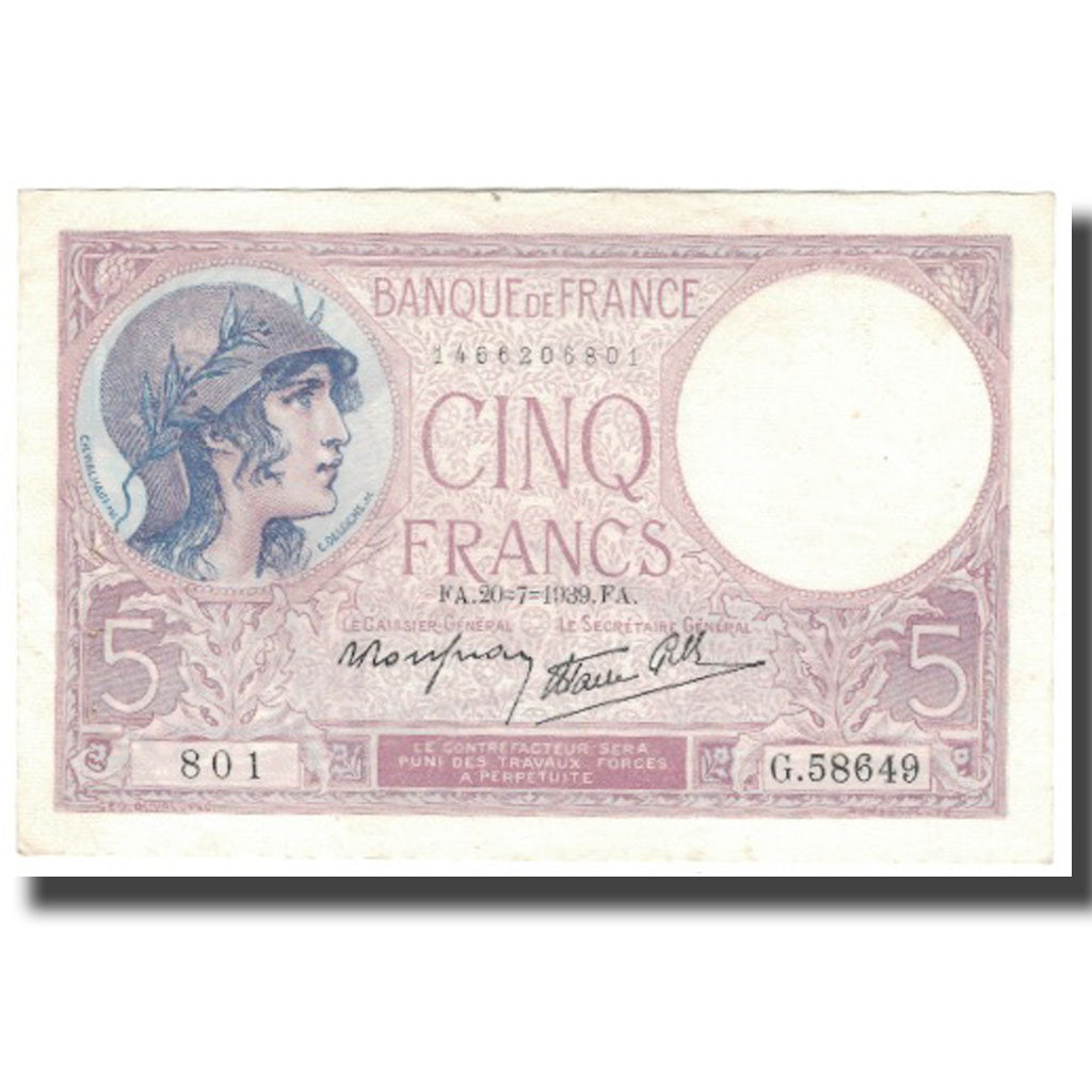 Francia, 5 Francs, 5 F 1917-1940 ''Violet'', 1939-07-20, EBC, Fayette:4.3, KM:83