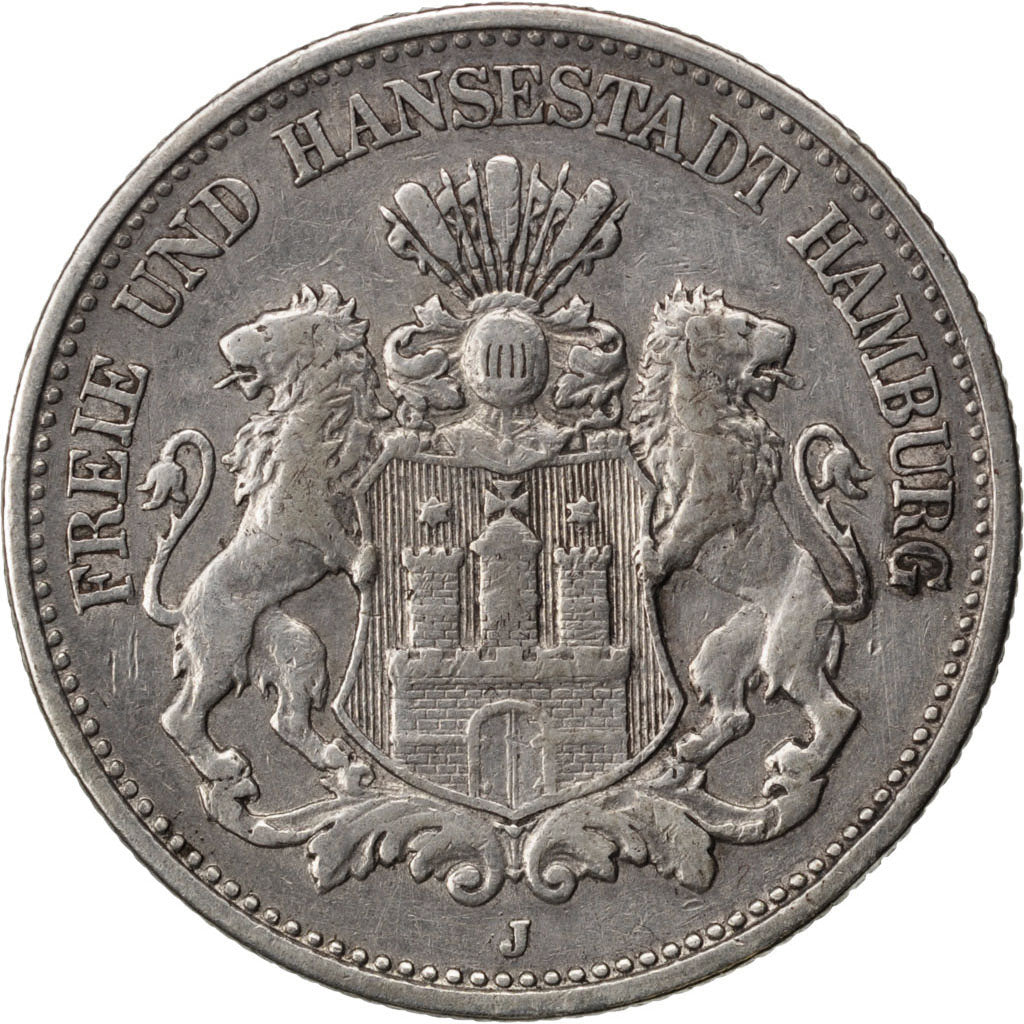 GERMAN STATES, 2 Mark, 1902, Hamburg, KM #612, EF(40-45), Silver, 28, 11.06