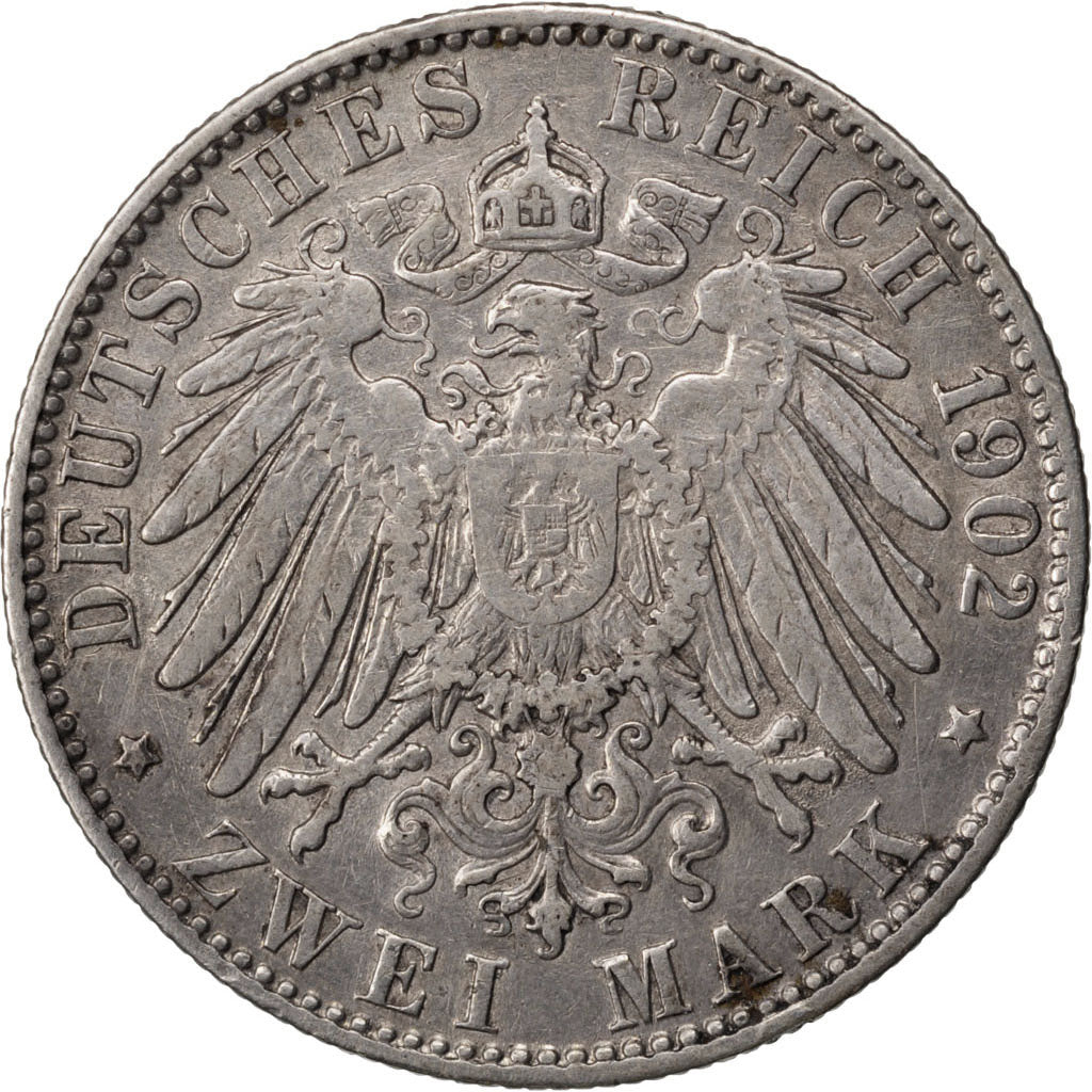 GERMAN STATES, 2 Mark, 1902, Hamburg, KM #612, EF(40-45), Silver, 28, 11.06