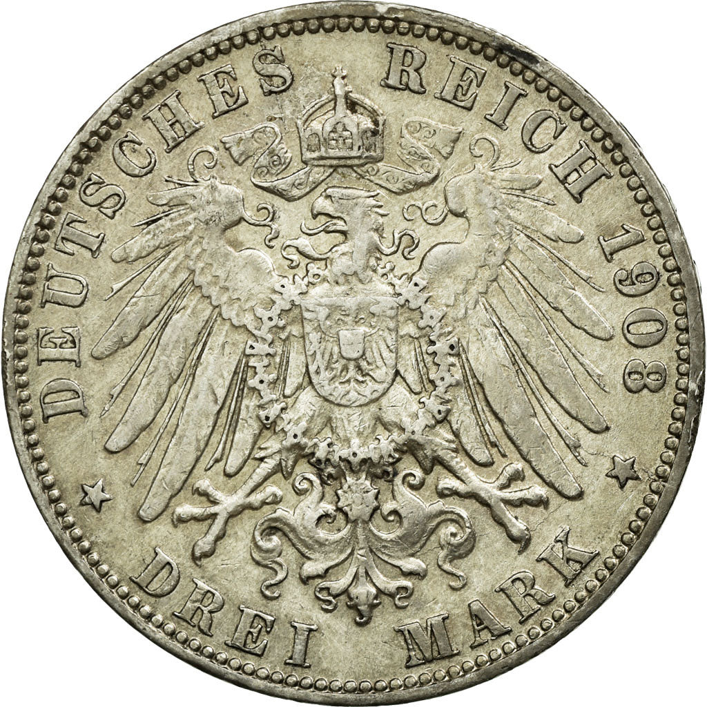Coin, German States, HAMBURG, 3 Mark, 1908, Hamburg, AU(50-53), Silver, KM:620