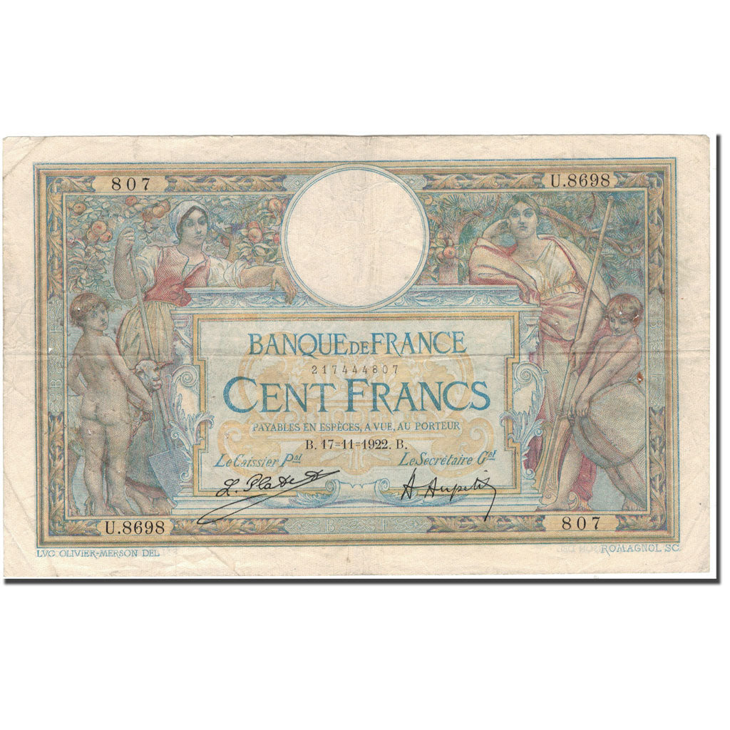 France, 100 Francs, 100 F 1908-1939 ''Luc Olivier Merson'', 1922-11-17, TB