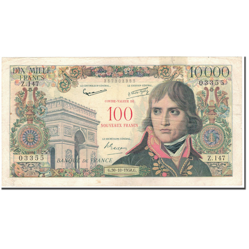 Francja, 100 Nouveaux Francs on 10,000 Francs, Bonaparte, 1958-10-30, VF(20-25)