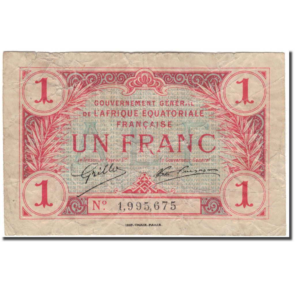 Banknote, French Equatorial Africa, 1 Franc, 1917, KM:2a, VF(20-25)