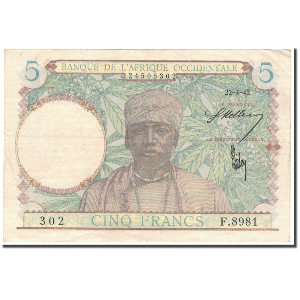 Banknote, French West Africa, 5 Francs, 1942-04-22, KM:25, AU(50-53)
