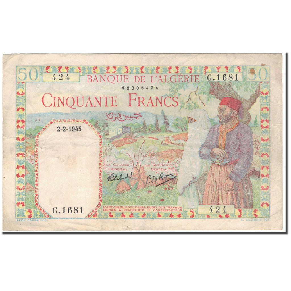 Banknote, Algeria, 50 Francs, 1945-02-02, KM:87, EF(40-45)