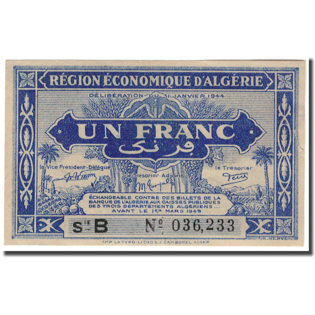 Banknote, Algeria, 1 Franc, 1944, KM:98a, UNC(65-70)