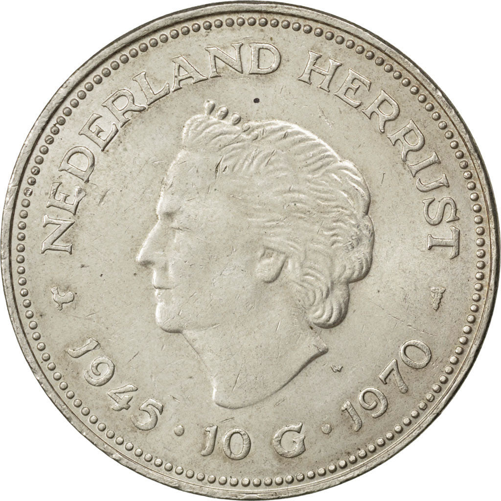 NETHERLANDS, 10 Gulden, 1970, KM #195, AU(55-58), Silver, 38, 25.02