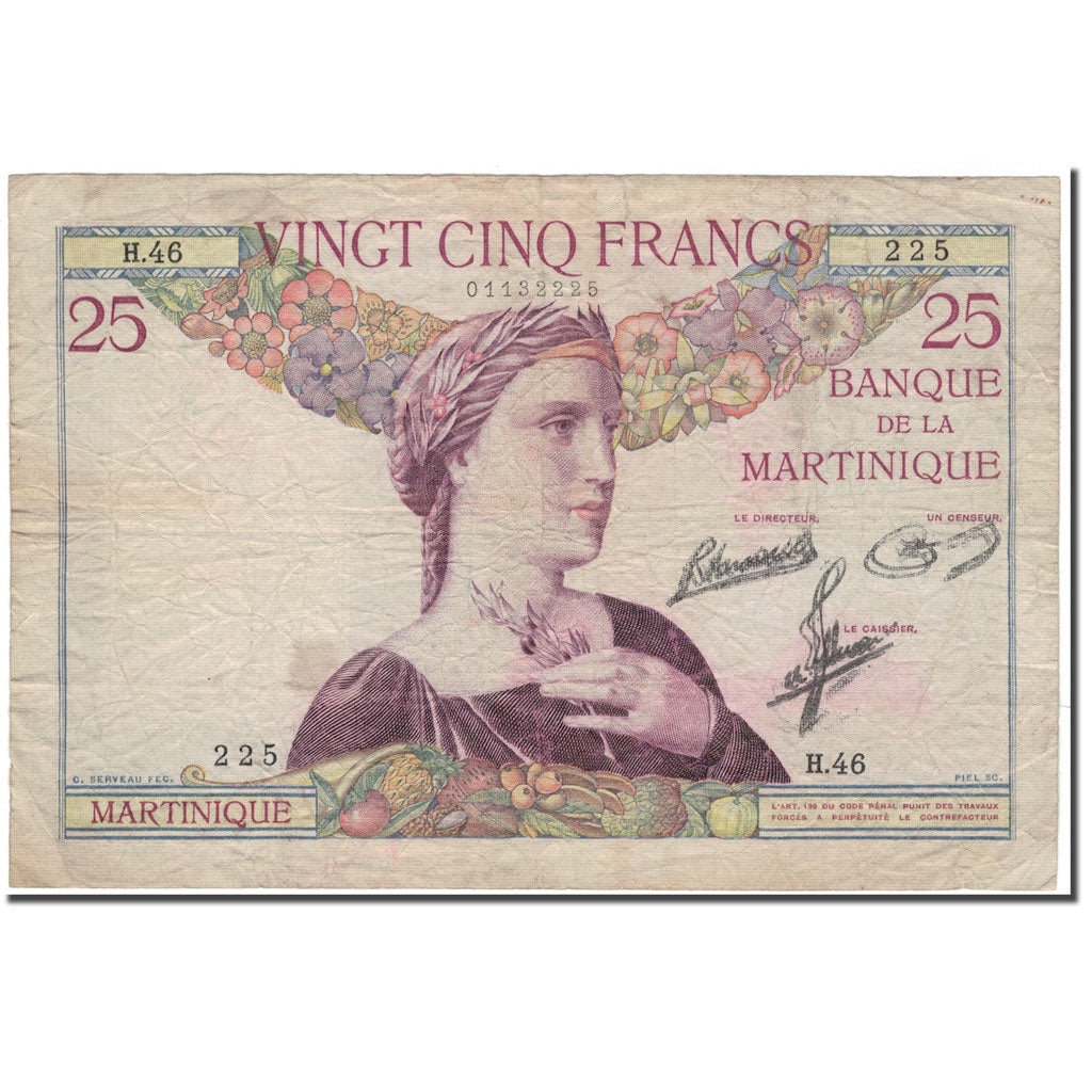 Martinique, 25 Francs, 1945, EF(40-45), KM:12