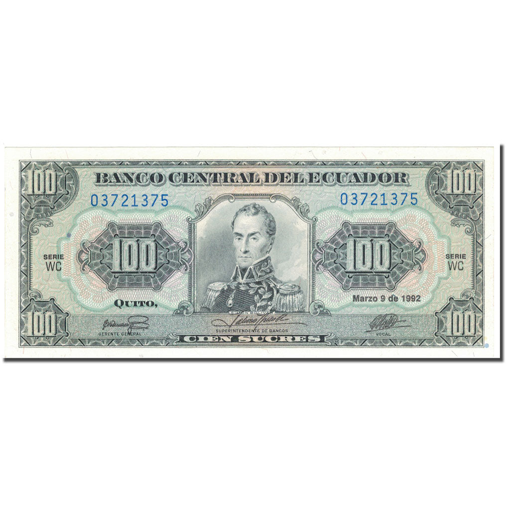 Banknote, Ecuador, 100 Sucres, 1992-3-9, KM:123Ab, UNC(65-70)