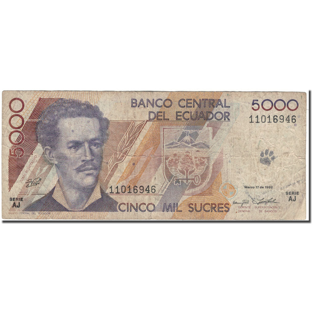 Banknote, Ecuador, 5000 Sucres, 1992-03-17, KM:128a, VG(8-10)