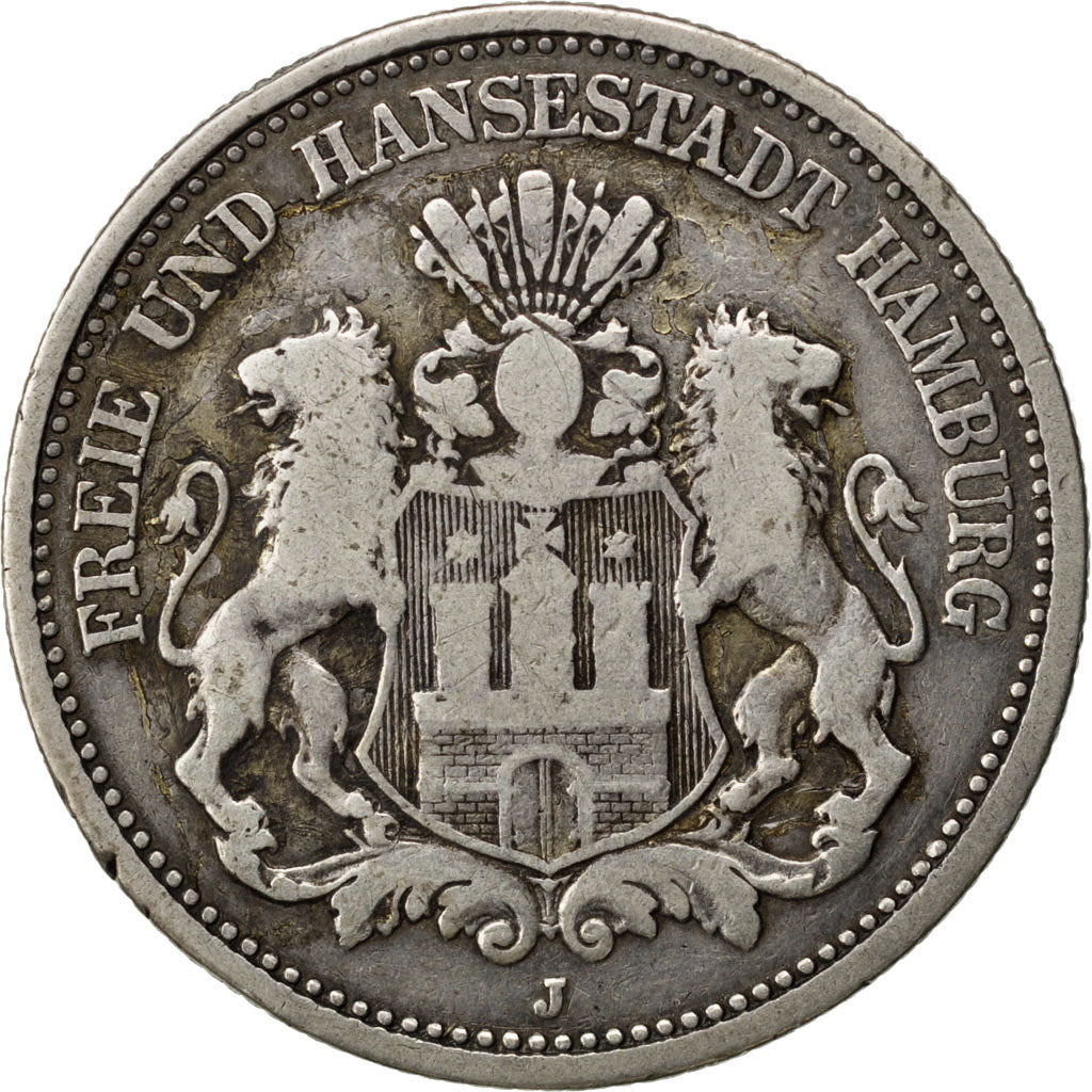 GERMAN STATES, 2 Mark, 1876, Hambourg, KM #604, VF(20-25), Silver, 10.91