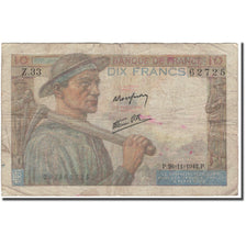 Frankreich, 10 Francs, 10 F 1941-1949 ''Mineur'', 1942-11-26, GE+, Fayette:8.6
