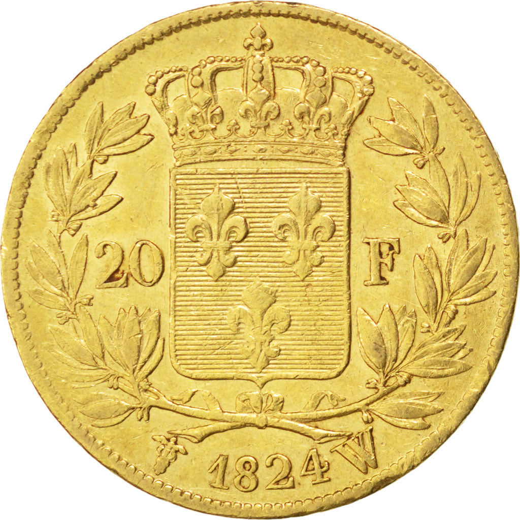 FRANCE, Louis XVIII, 20 Francs, 1824, Lille, KM #712.9, AU(50-53), Gold,...
