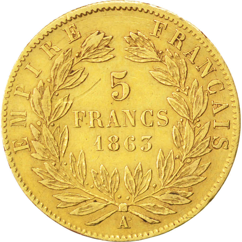 FRANCE, 5 Francs, 1863, Paris, KM #803.1, EF(40-45), Gold, Gadoury #1002, 1.58