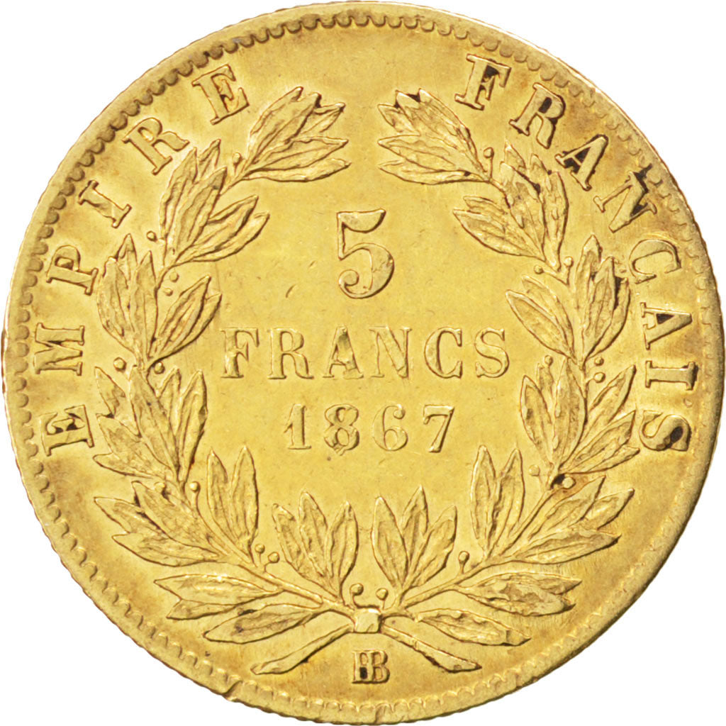 Second Empire, 5 Francs or Napoléon III tête laurée 1867 Strasbourg, KM 803.2