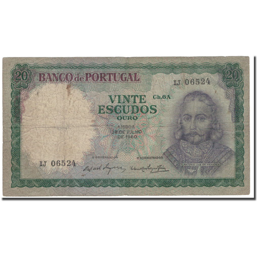 Banknote, Portugal, 20 Escudos, 1960-07-26, KM:163a, G(4-6)