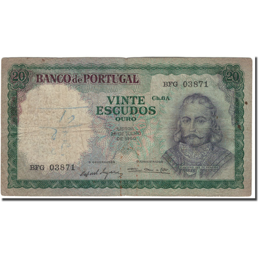Banknote, Portugal, 20 Escudos, 1960-07-26, KM:163a, G(4-6)