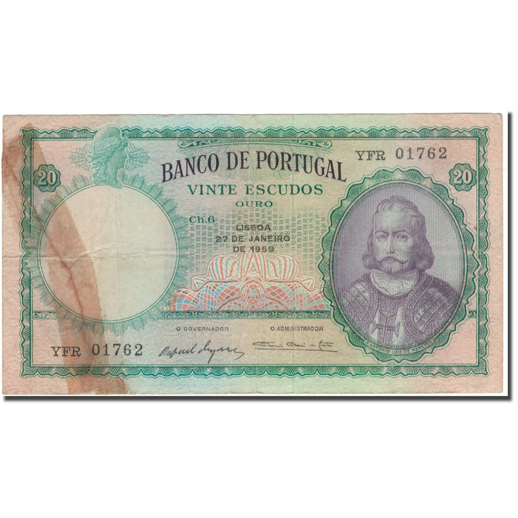 Banknote, Portugal, 20 Escudos, 1959-01-27, KM:153b, F(12-15)