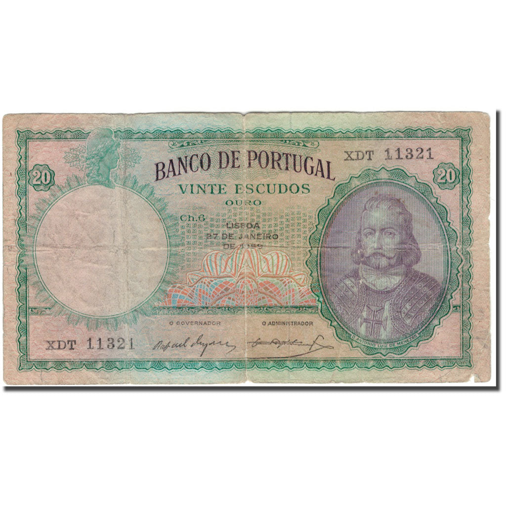 Banknote, Portugal, 20 Escudos, 1959-01-27, KM:153b, G(4-6)