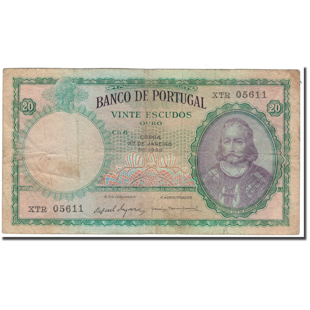 Banknote, Portugal, 20 Escudos, 1959-01-27, KM:153b, VG(8-10)