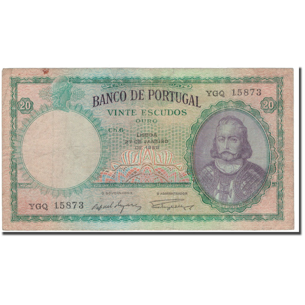 Banknote, Portugal, 20 Escudos, 1959-01-27, KM:153b, VG(8-10)