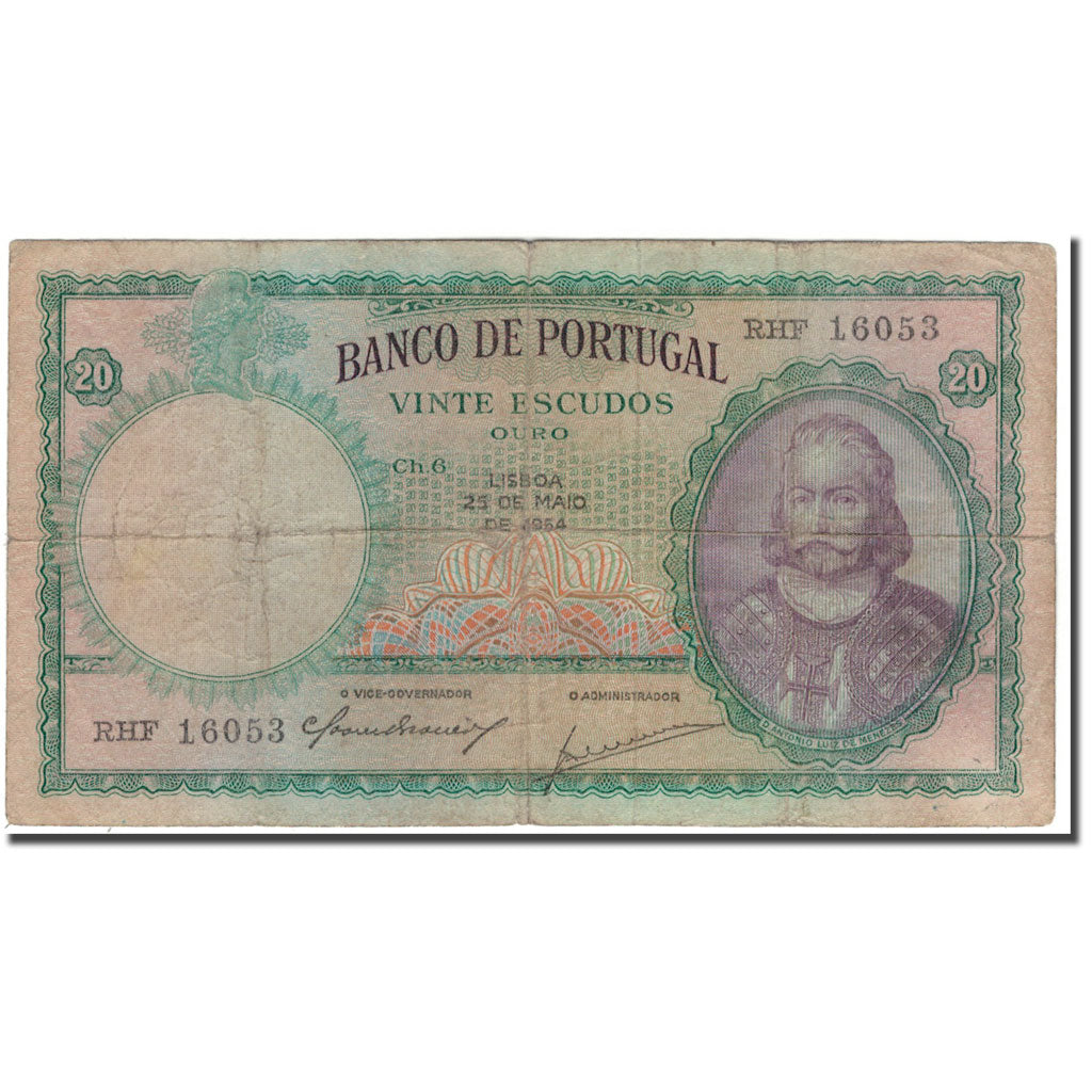 Banknote, Portugal, 20 Escudos, 1954-05-25, KM:153a, VG(8-10)