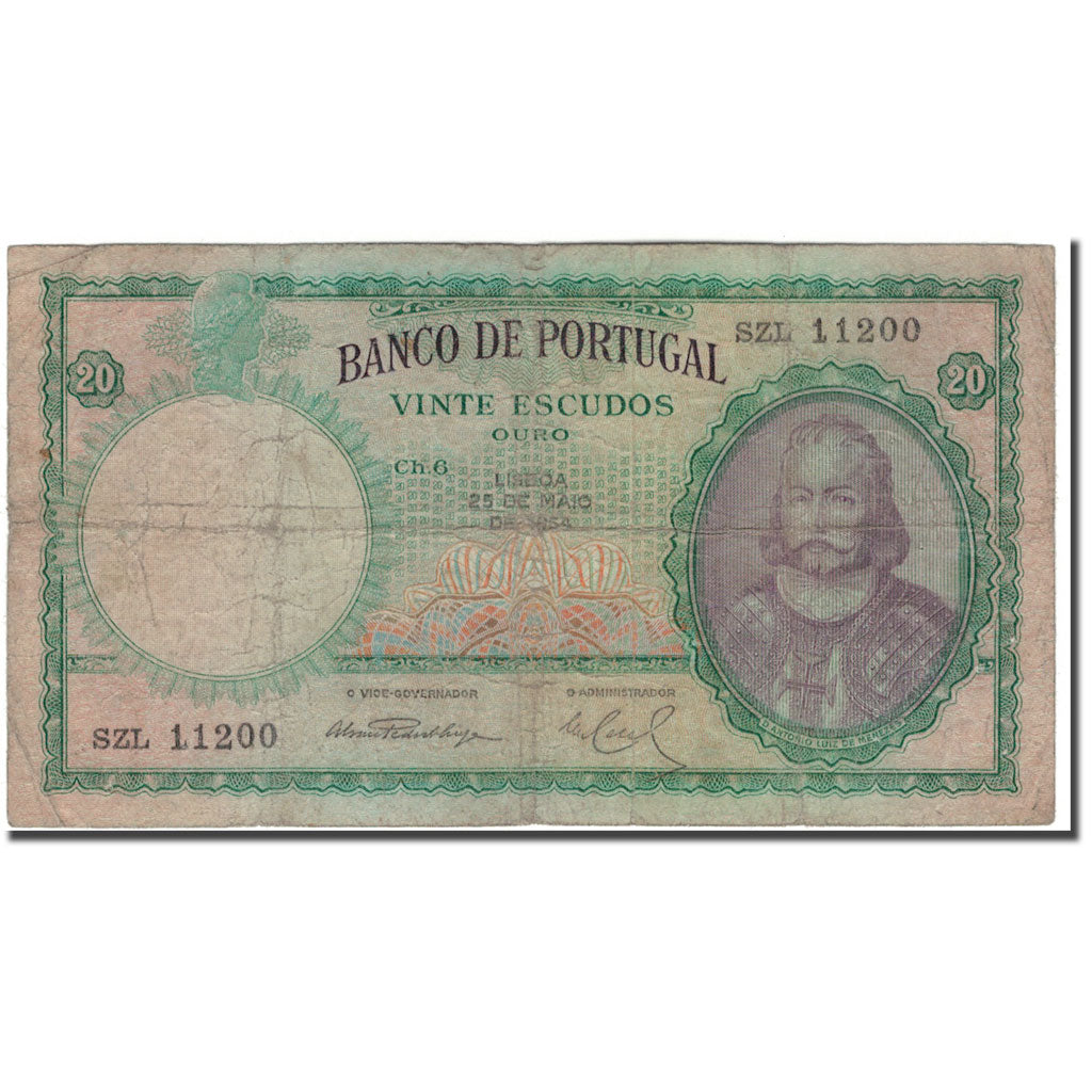 Banknote, Portugal, 20 Escudos, 1954-05-25, KM:153a, VG(8-10)