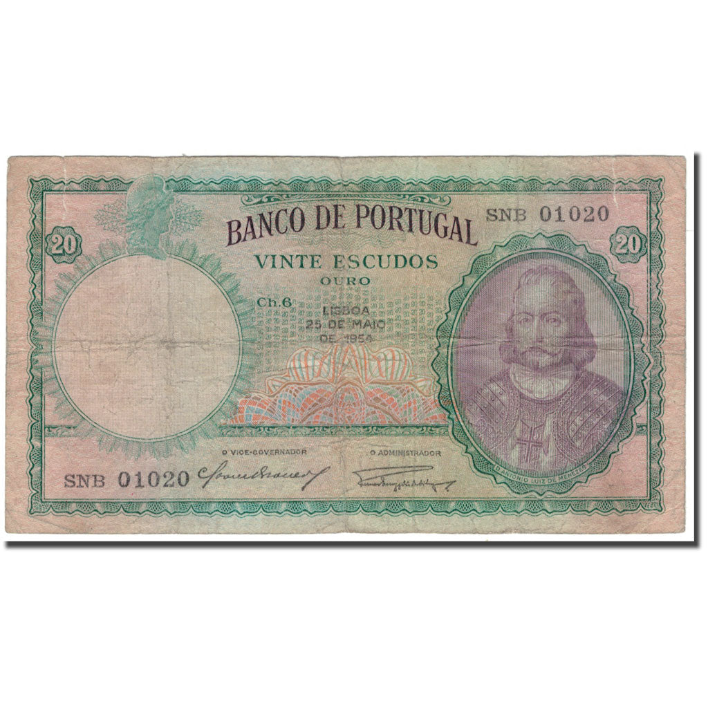 Billet, Portugal, 20 Escudos, 1954-05-25, KM:153a, B
