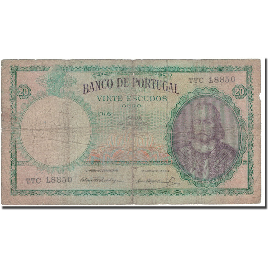 Banknote, Portugal, 20 Escudos, 1954-05-25, KM:153a, G(4-6)